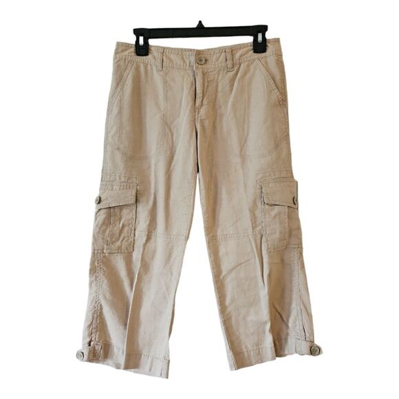 LOFT Marisa Capri Cropped Khaki Cargo Linen Cotton Outdoor Pants Neutral 2 - Picture 1 of 11